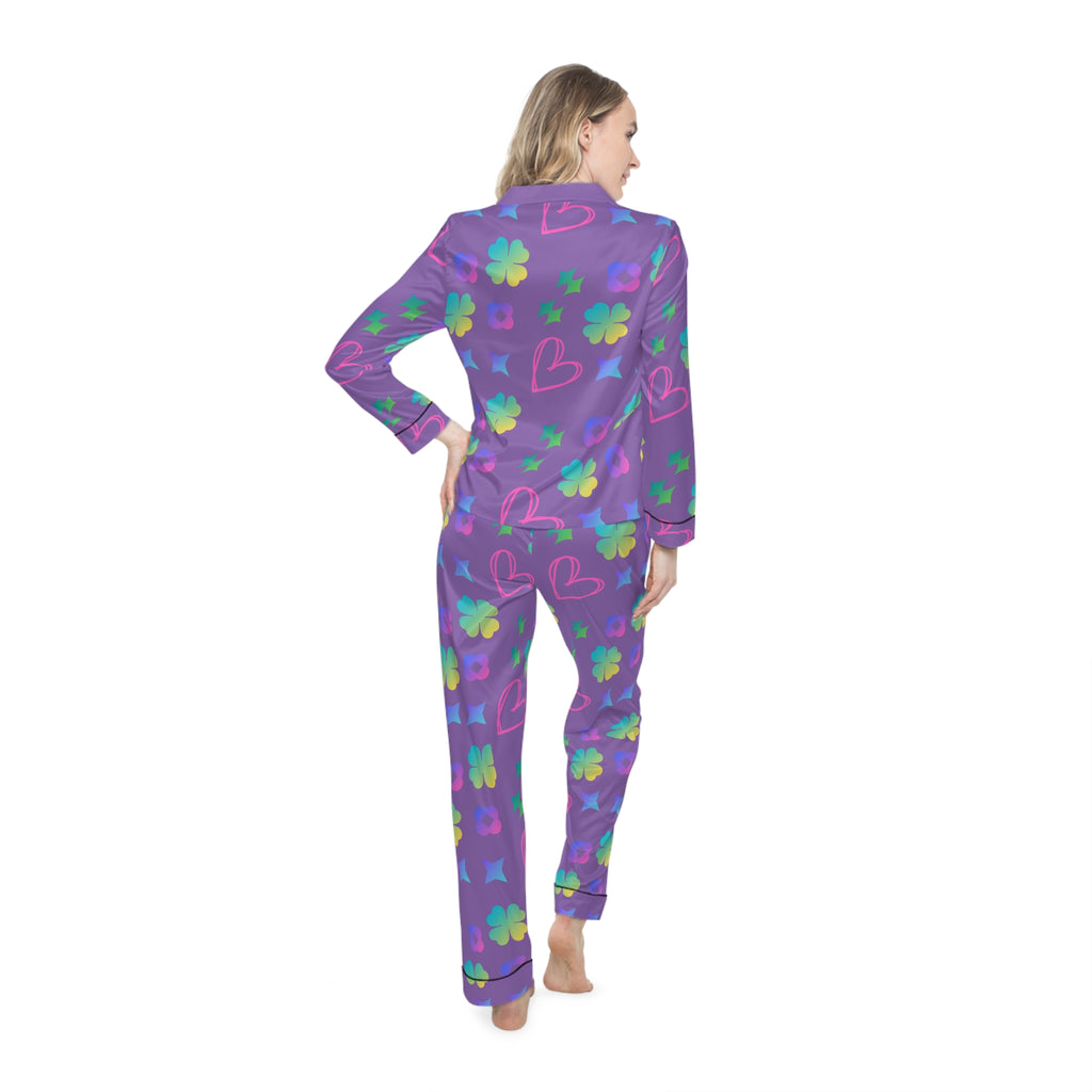 Women’s  Pajama Set — Floral & Hearts Purple