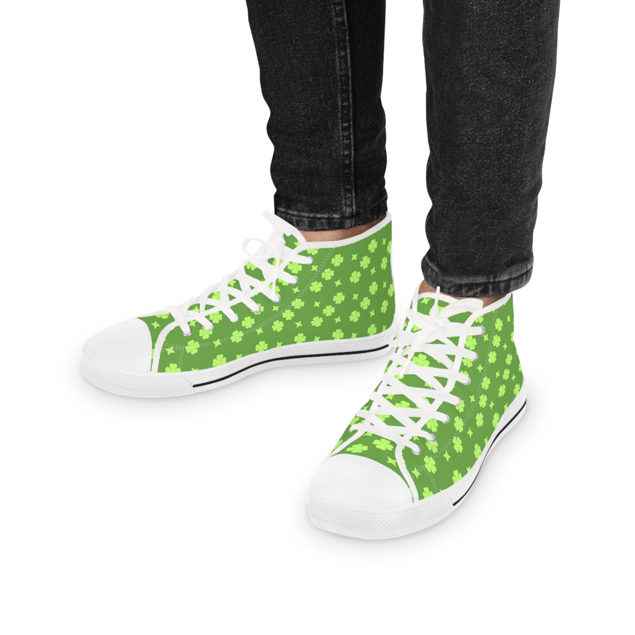 Men's High Top Sneakers Lime Green Lucky Stars On White Bottoms