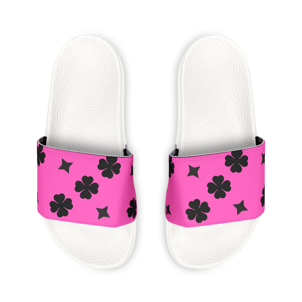 Women Slide Sandals — Black Clover & Removable- Pink Striped Strap Slides