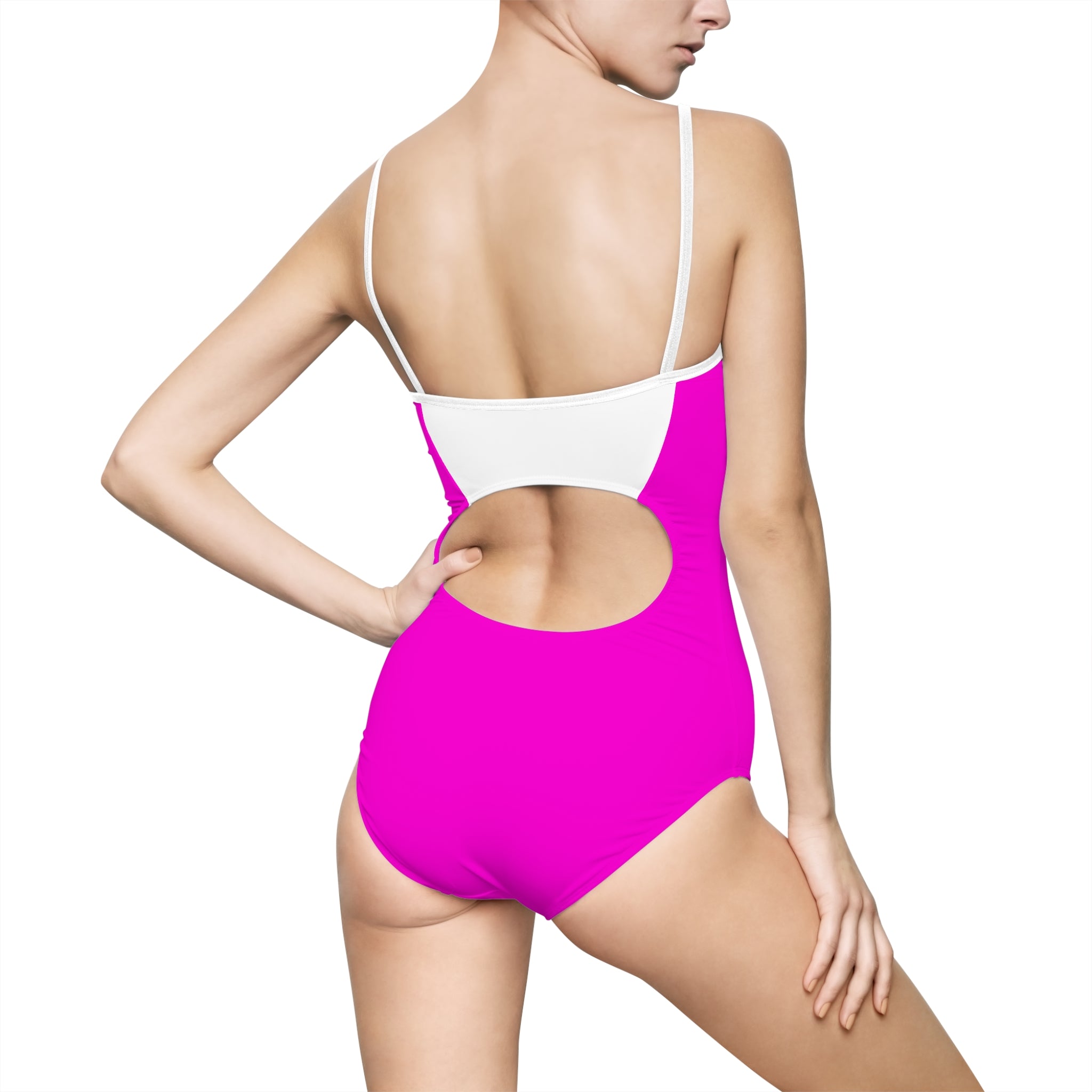 Solid Hot Pink One-Piece Swimsuit — Women's Cutout Back Swimwear
