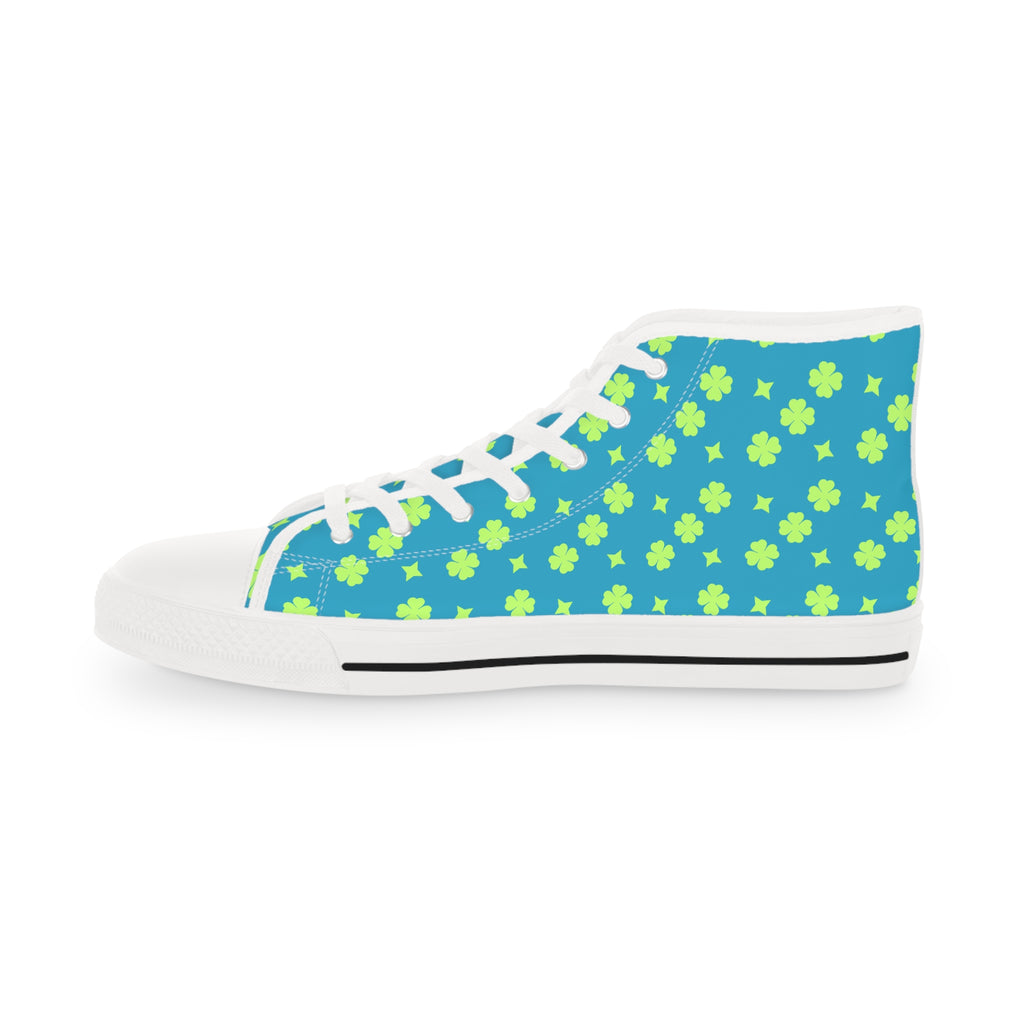 Men's High Top Sneakers Lime Green Stars On White Bottoms