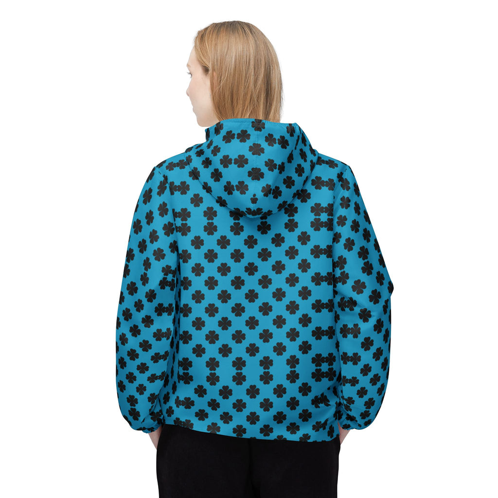 Blue Clover Pattern Windbreaker Jacket — Hooded