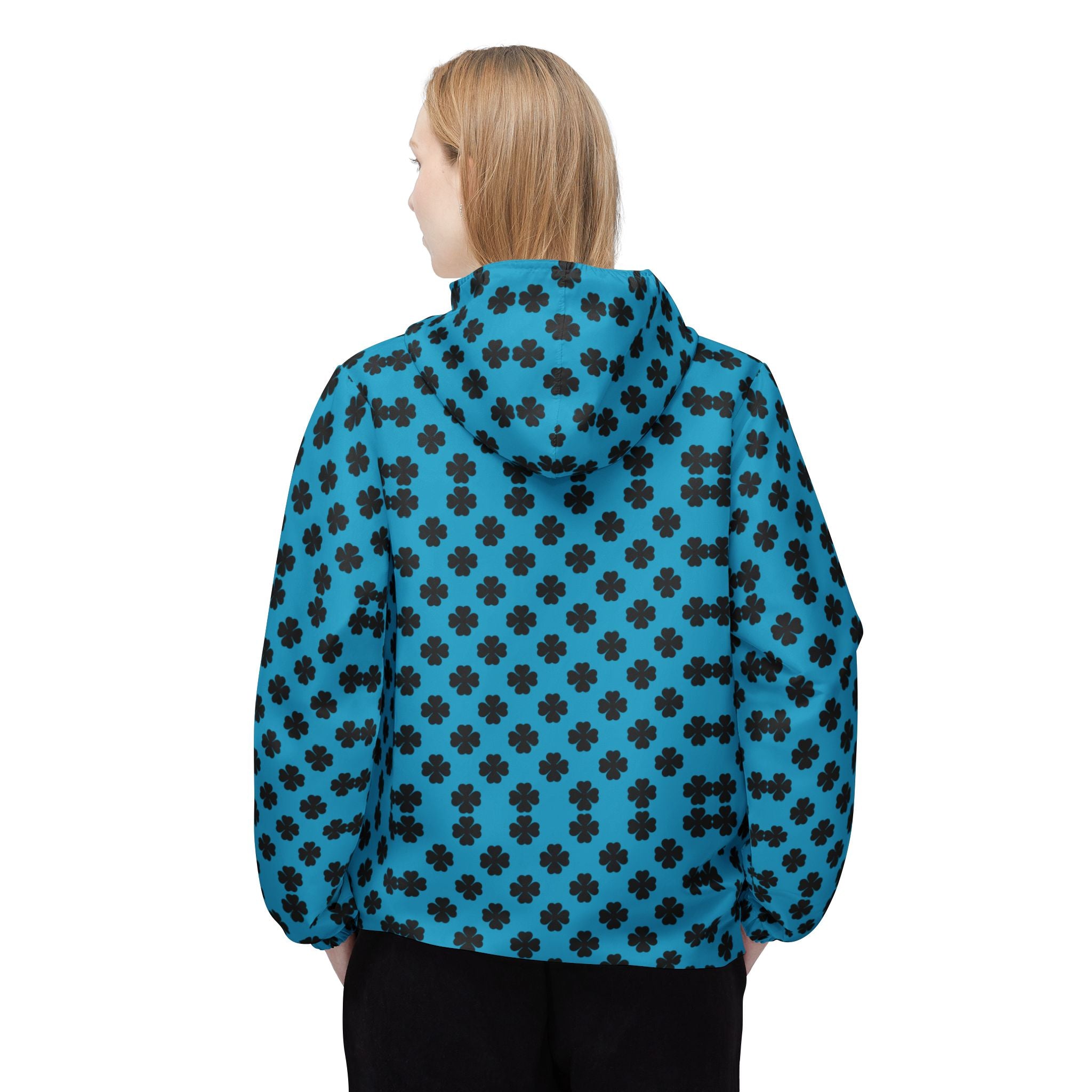 Blue Clover Pattern Windbreaker Jacket — Hooded