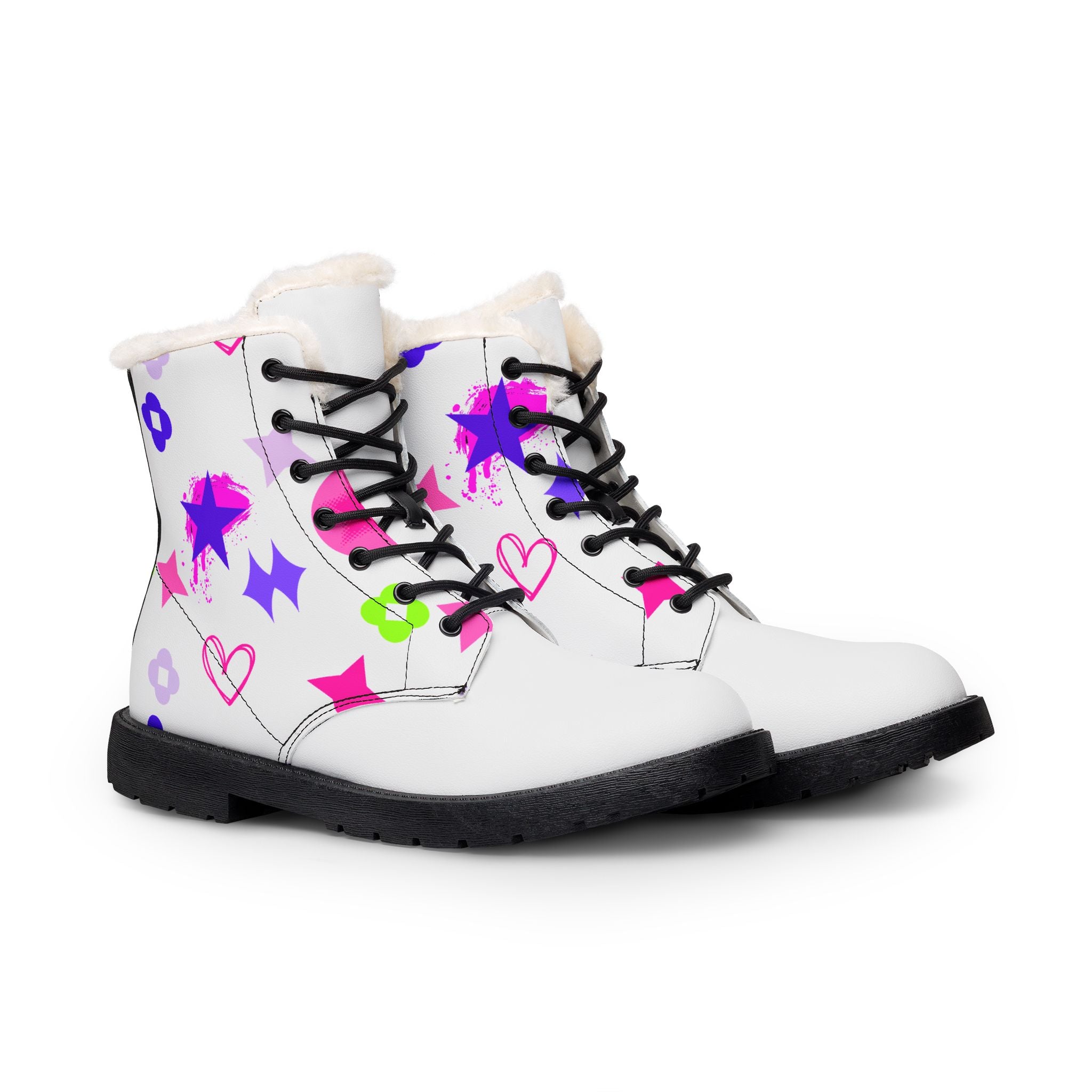 Fur-Lined Leather Boots — White Star & Heart Print Women's Winter Boots