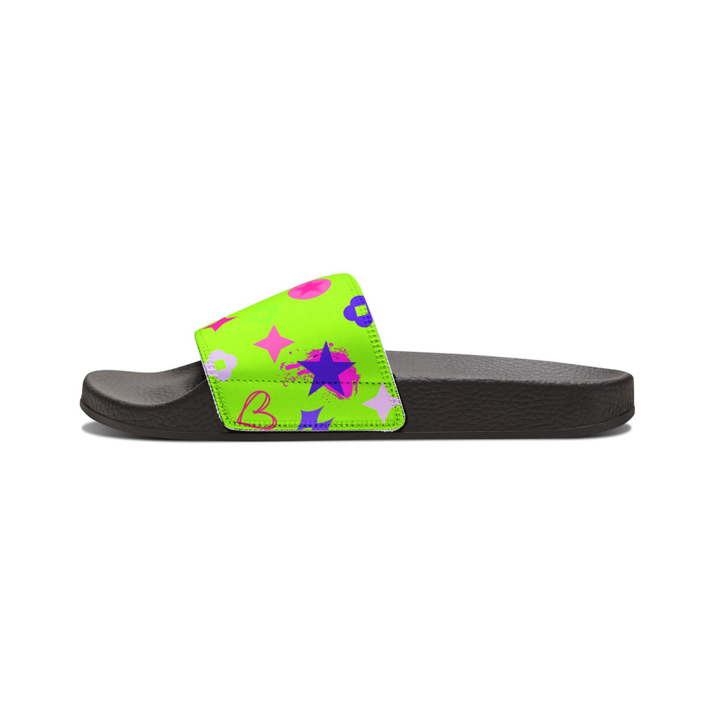 Women Slide Sandals —   Removable- Lime Green Striped Strap Slides