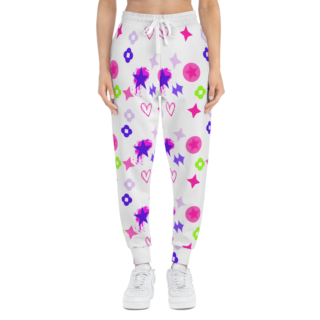 Playful Pastel Stars Athletic Joggers — Cute Heart & Flower All-Over Print
