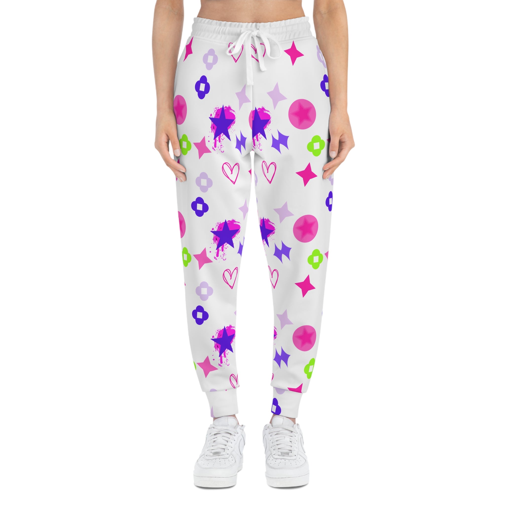 Playful Pastel Stars Athletic Joggers — Cute Heart & Flower All-Over Print