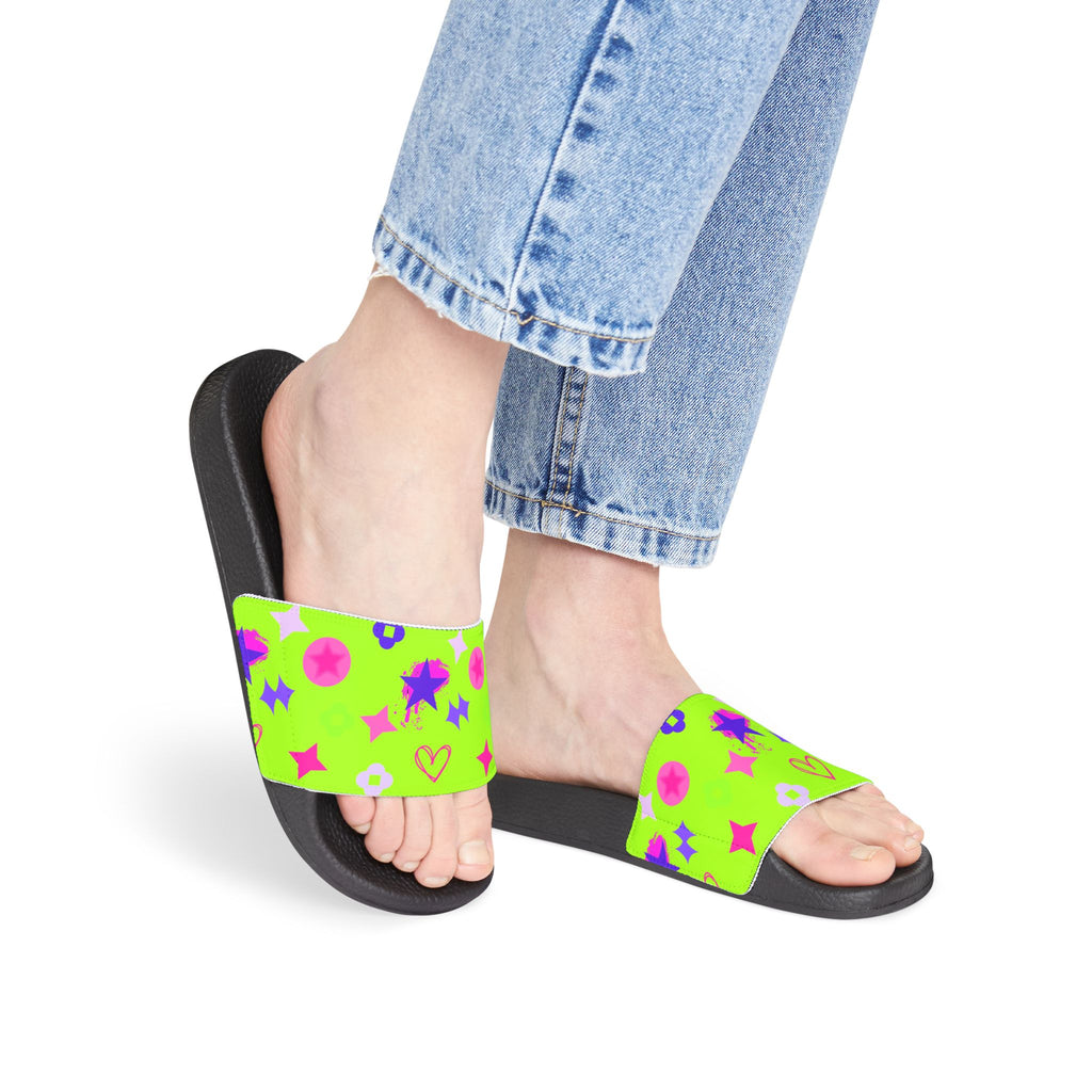 Women Slide Sandals —   Removable- Lime Green Striped Strap Slides