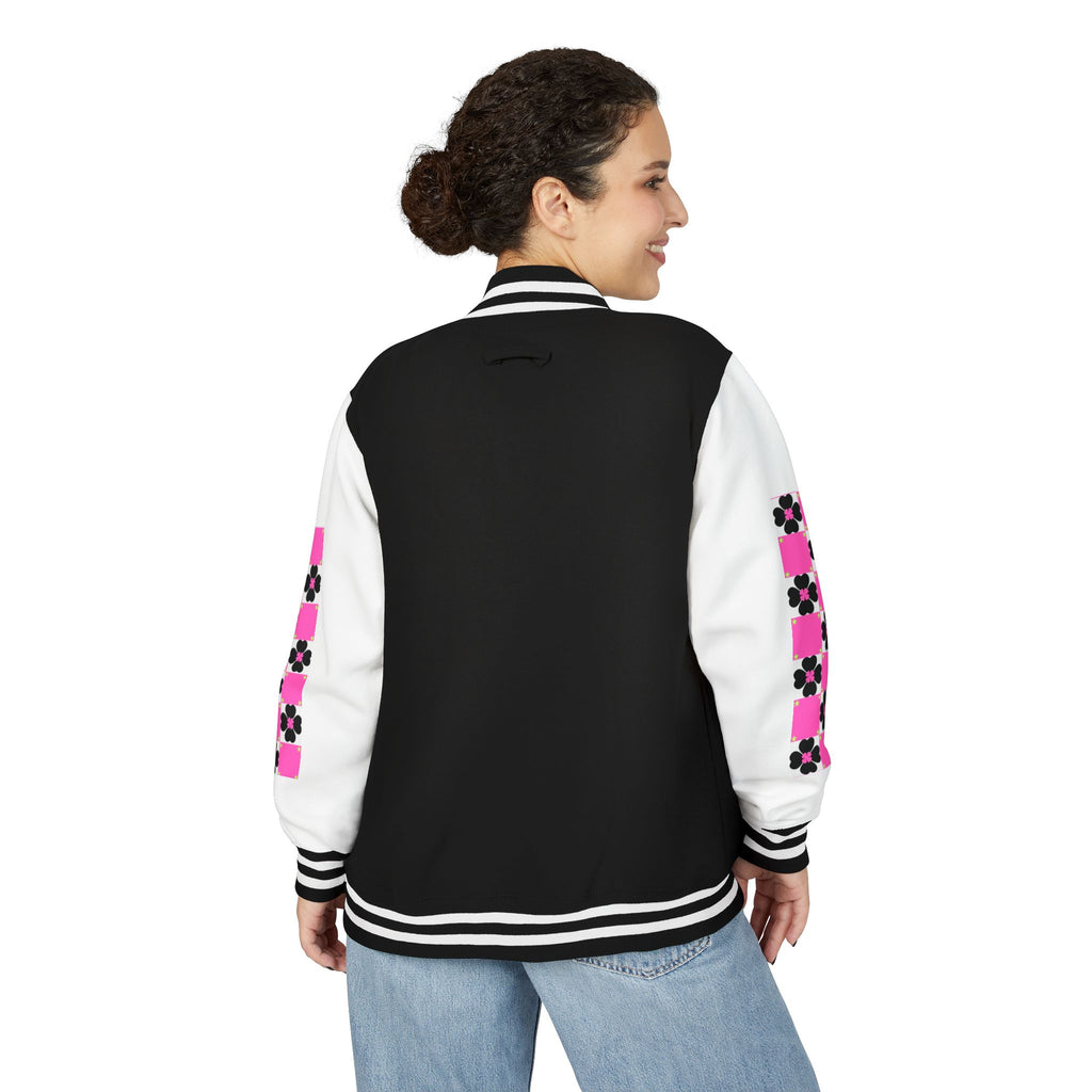 Women Jacket — Pink Checker Flower Sleeve Varsity Jacket
