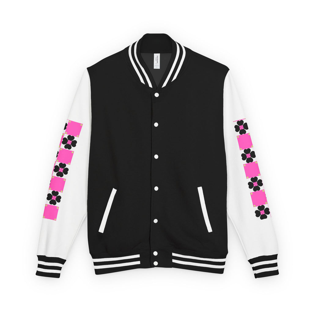 Women Jacket — Pink Checker Flower Sleeve Varsity Jacket