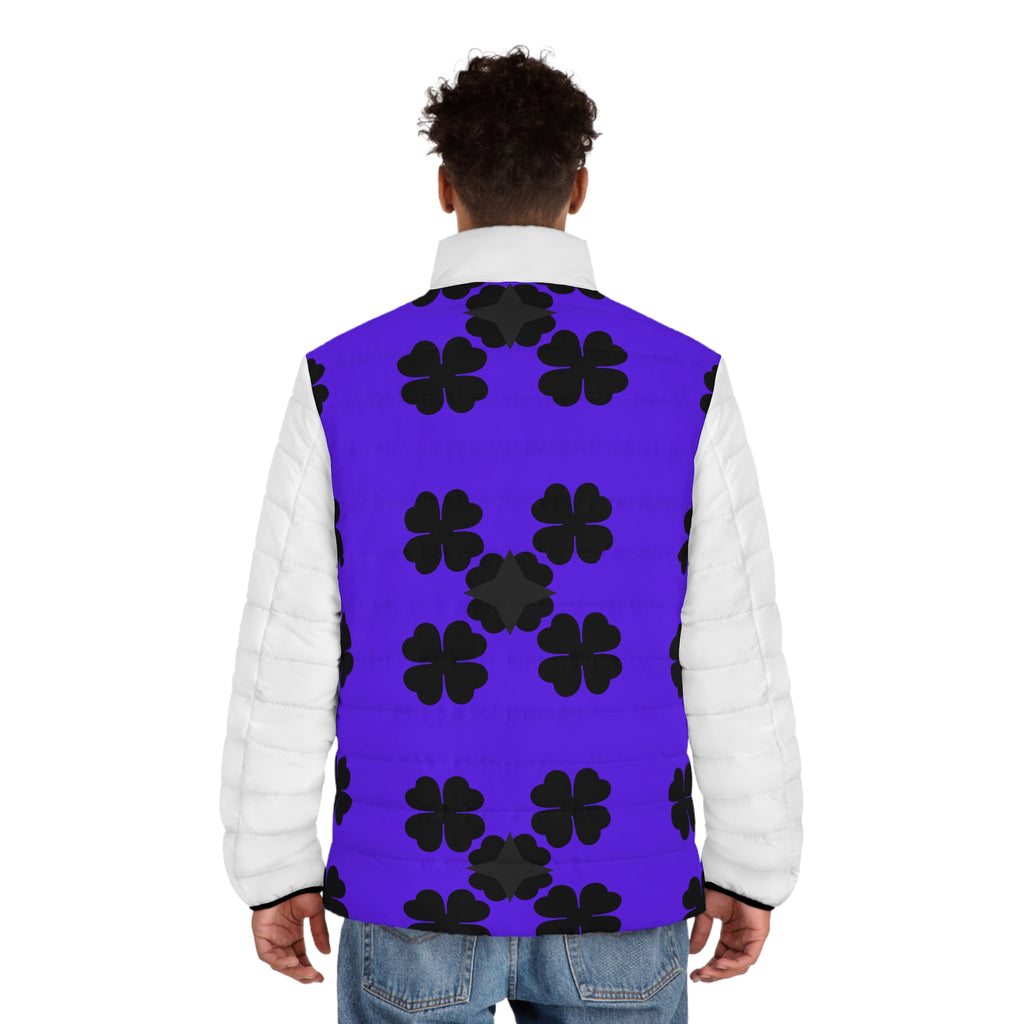 Men's Purple Clover Puffer Jacket — Black Four-Leaf Pattern