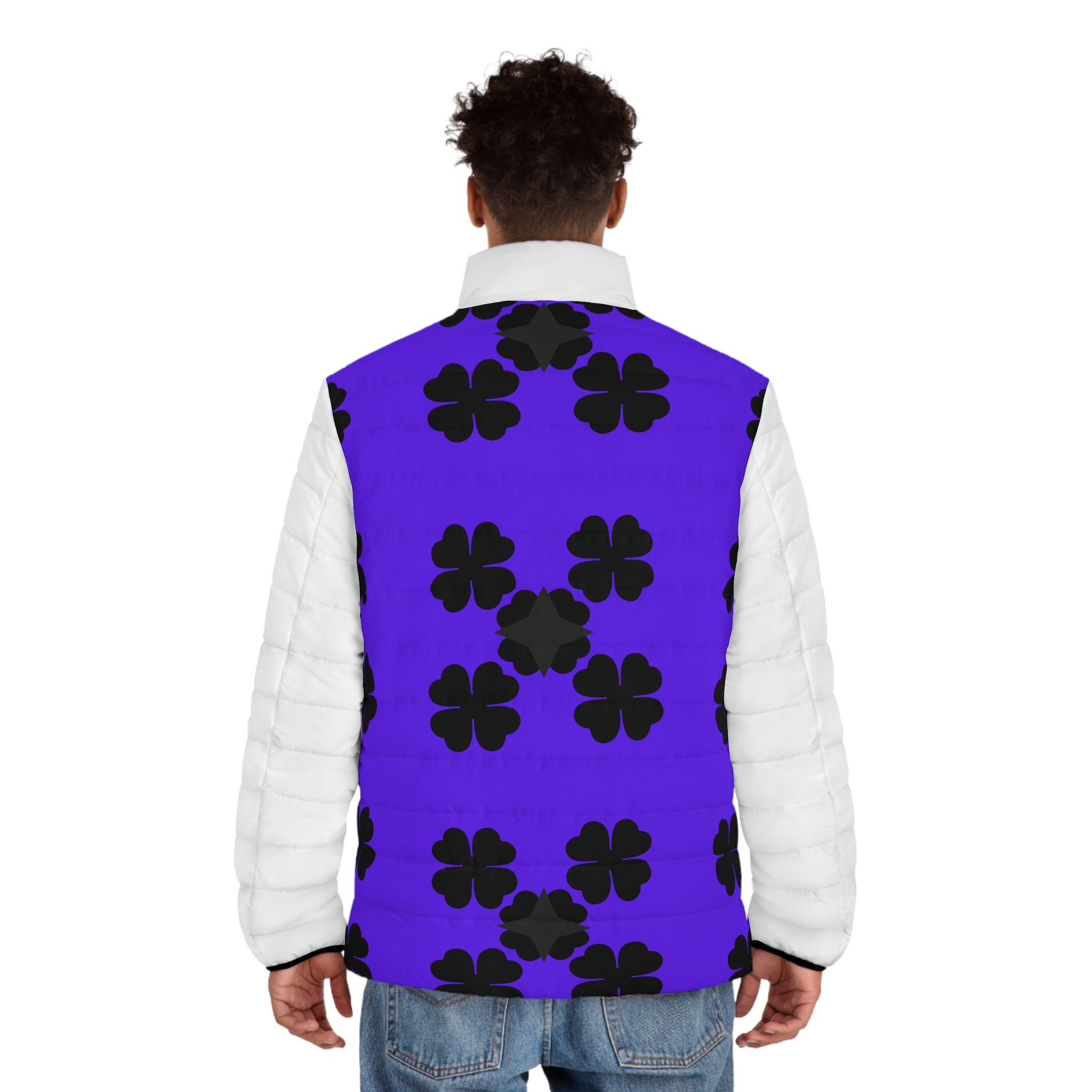 Men's Purple Clover Puffer Jacket — Black Four-Leaf Pattern