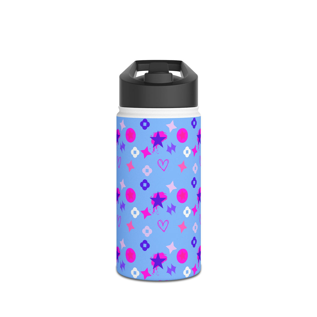 Stainless Water Bottle —Black & Pink Star, Heart & Flower Pattern