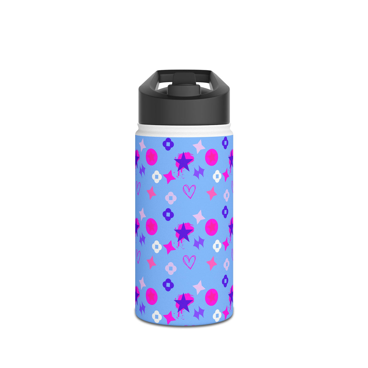 Stainless Water Bottle —Black & Pink Star, Heart & Flower Pattern