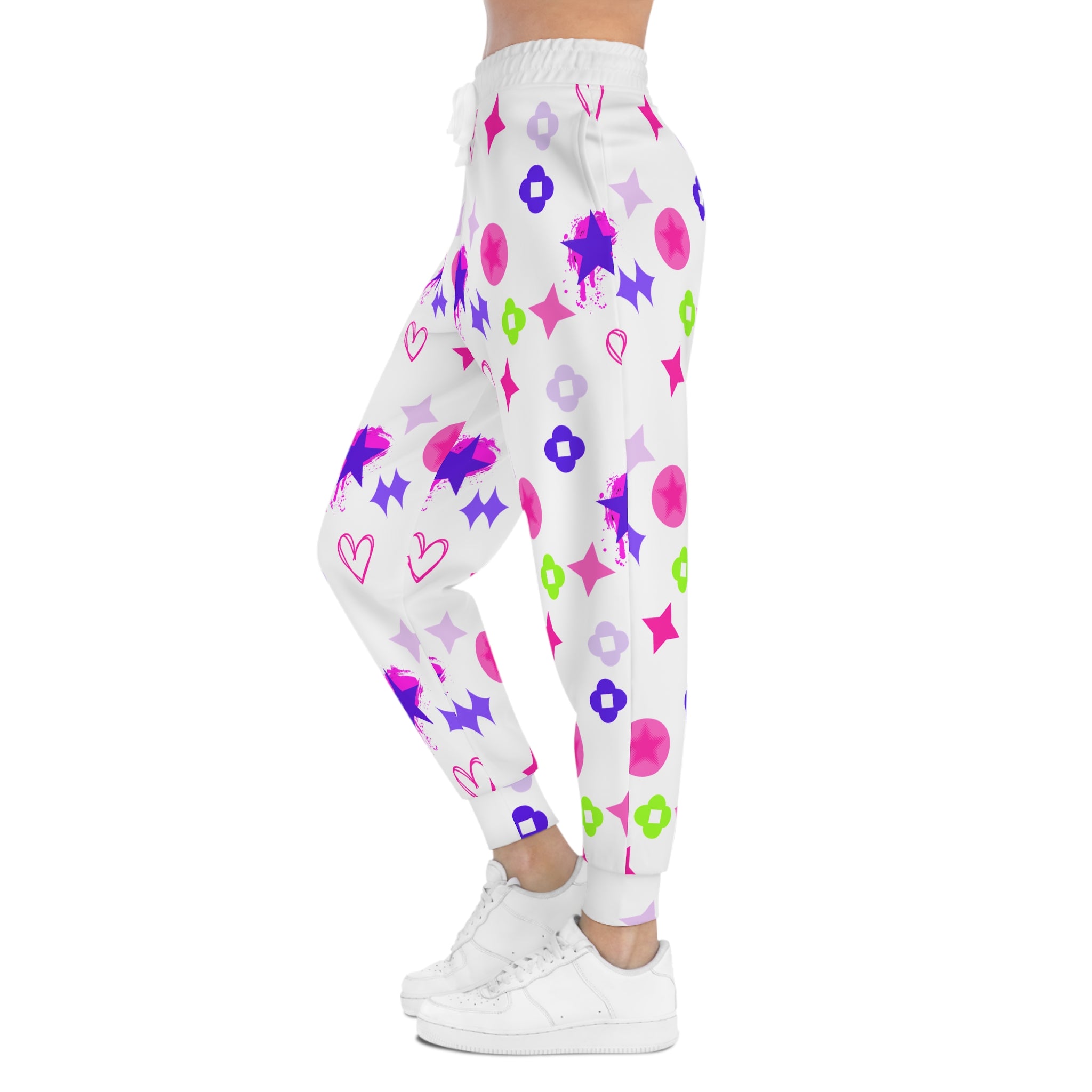 Playful Pastel Stars Athletic Joggers — Cute Heart & Flower All-Over Print