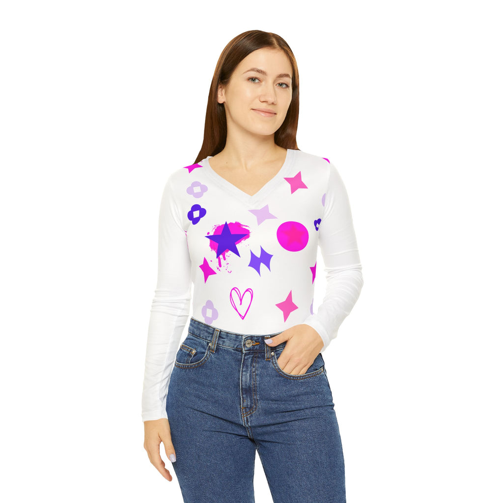 Women's V-Neck Long Sleeve Shirt — Pink & Purple Star, Heart & Dot All-Over Print