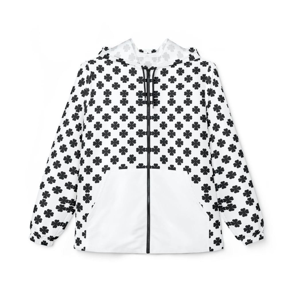 Black & White Clover Pattern Windbreaker Jacket — Hooded