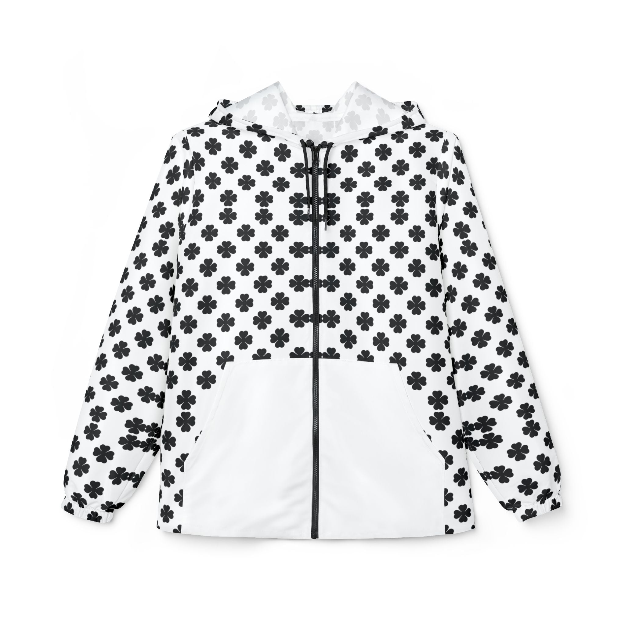 Black & White Clover Pattern Windbreaker Jacket — Hooded