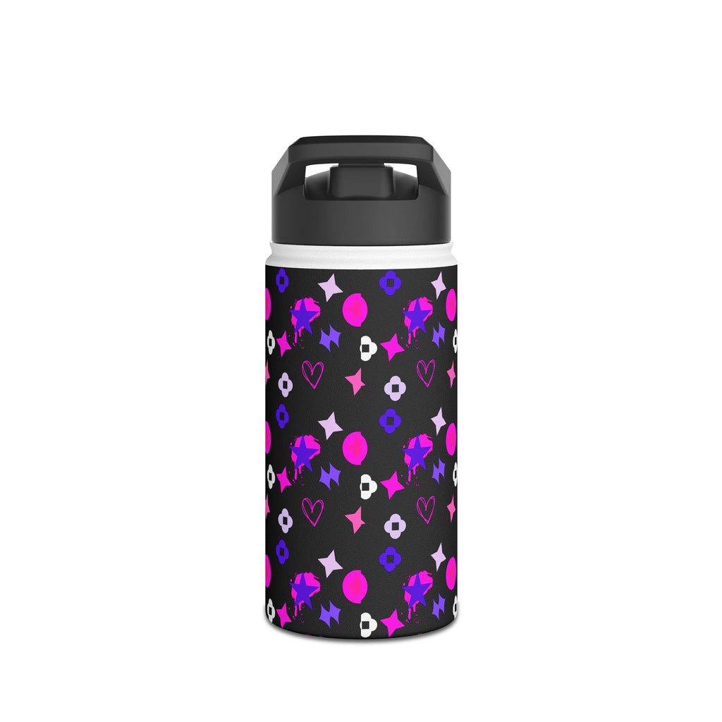 Stainless Water Bottle —Black & Pink Star, Heart & Flower Pattern