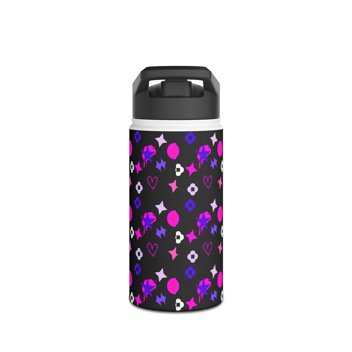 Stainless Water Bottle —Black & Pink Star, Heart & Flower Pattern