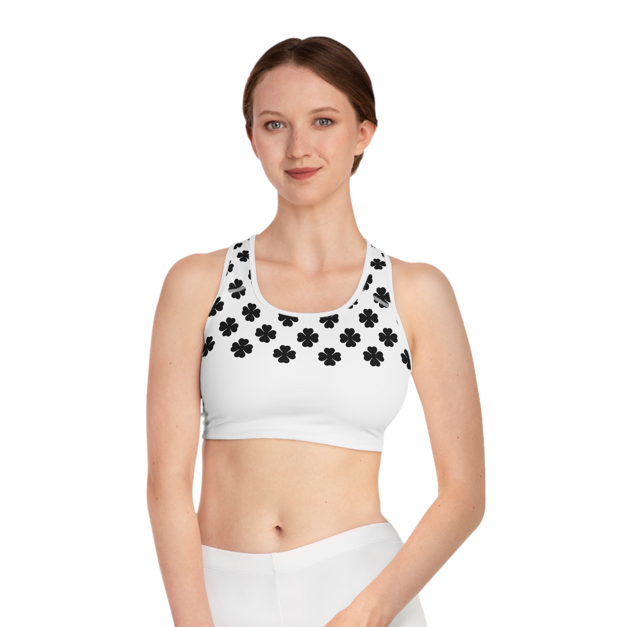 Black Clover Pattern Sports Bra — Minimal Floral Athletic Crop Top