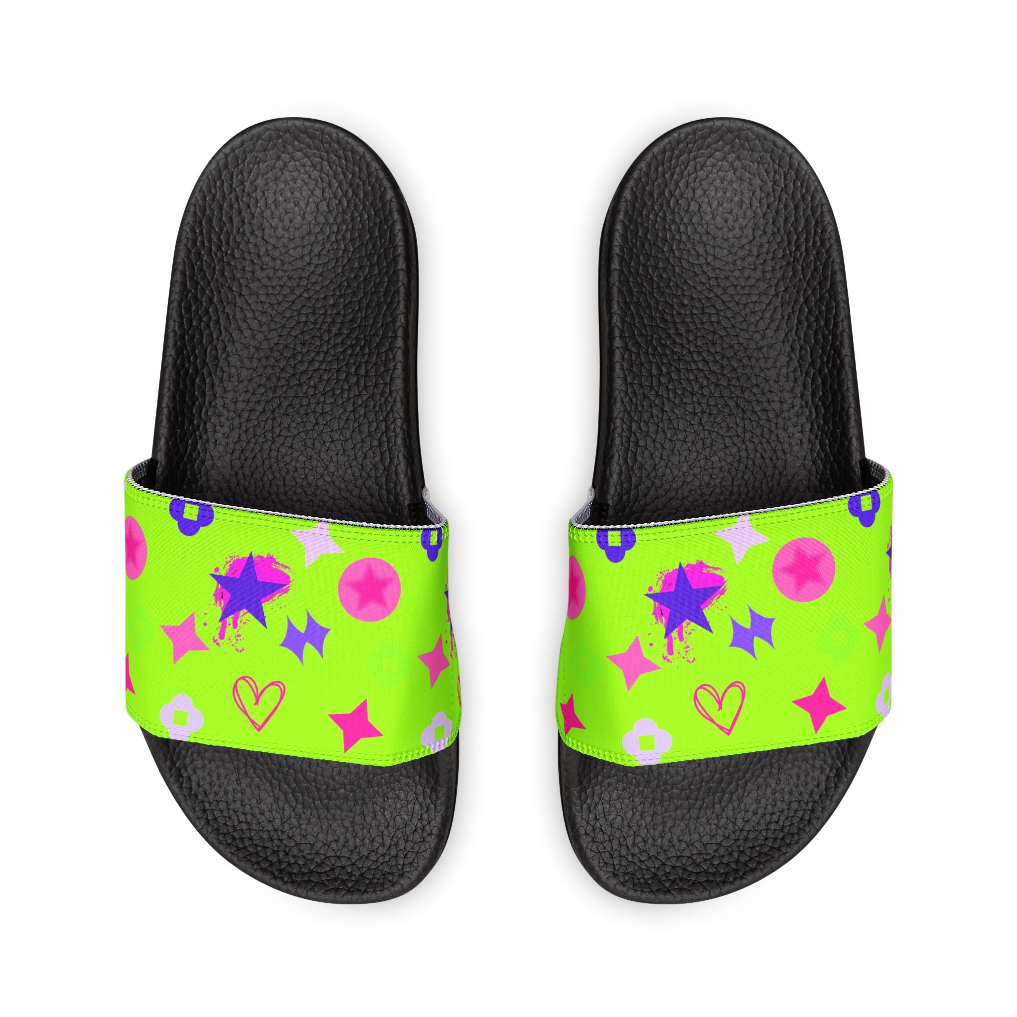 Women Slide Sandals —   Removable- Lime Green Striped Strap Slides
