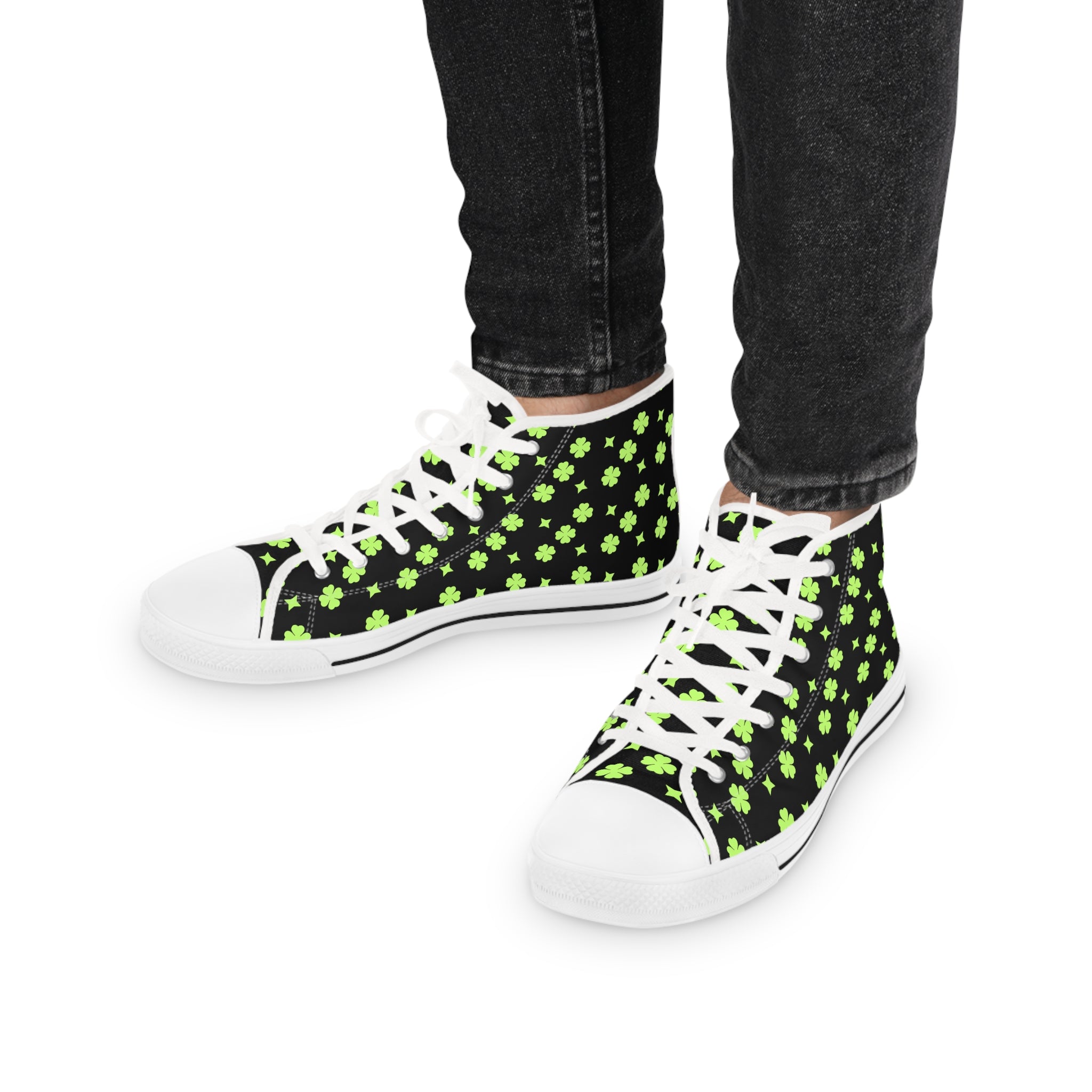 Men's High Top Sneakers Lime Green Stars On Black Bottoms