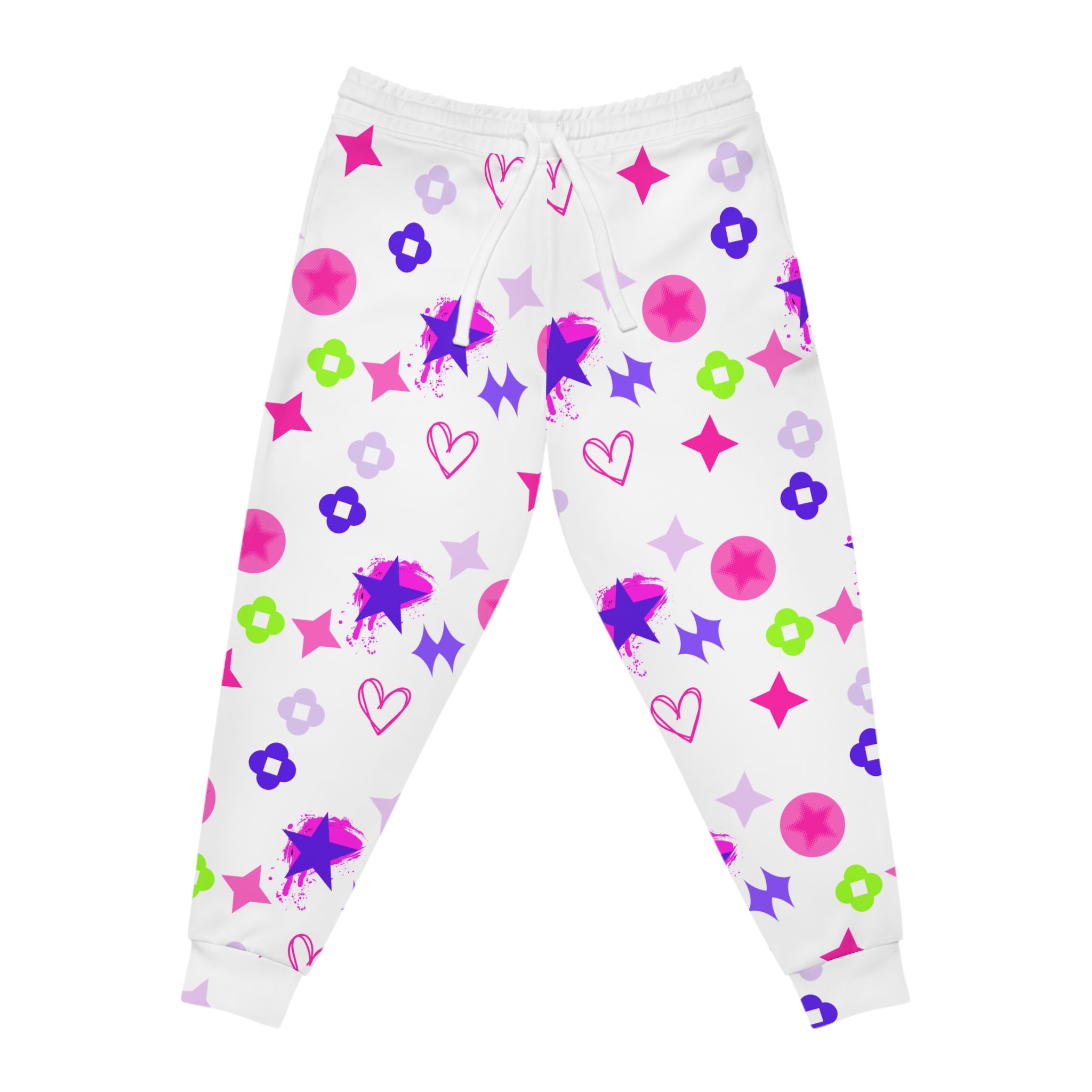 Playful Pastel Stars Athletic Joggers — Cute Heart & Flower All-Over Print