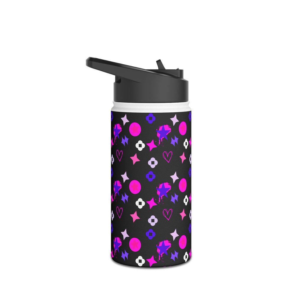Stainless Water Bottle —Black & Pink Star, Heart & Flower Pattern