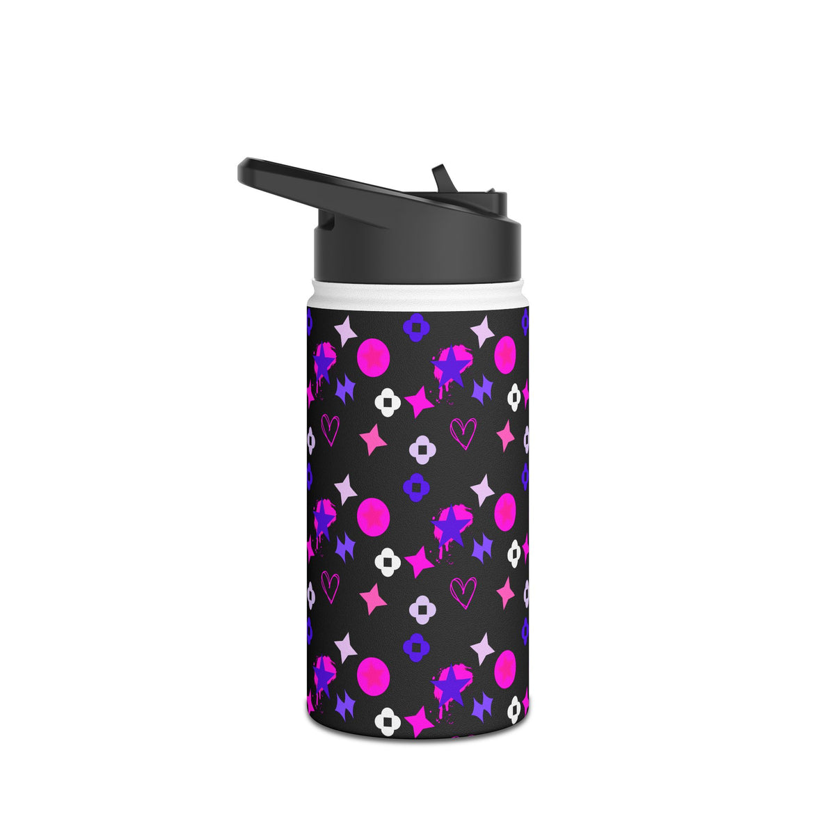 Stainless Water Bottle —Black & Pink Star, Heart & Flower Pattern