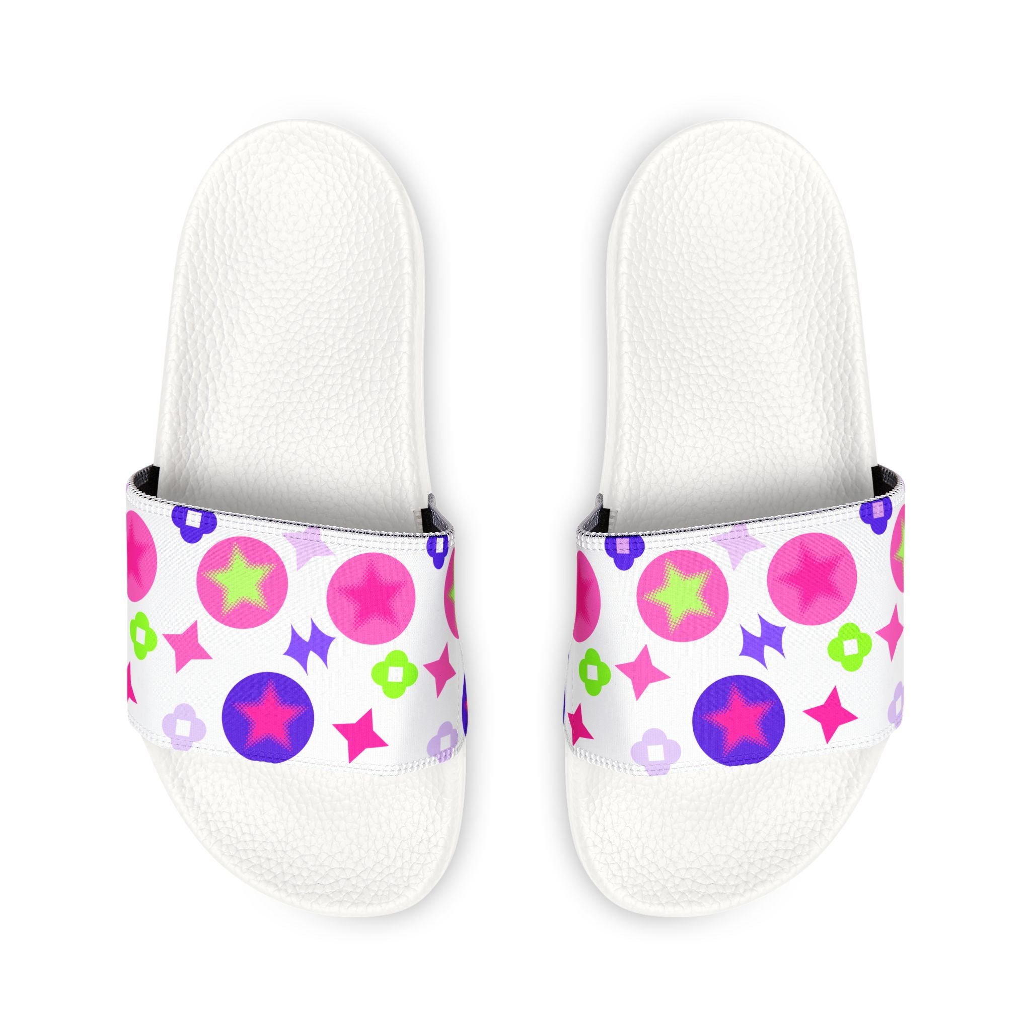 Women Slide Sandals — Pink Hearts & Lucky Stars Removable- White Striped Strap Slides