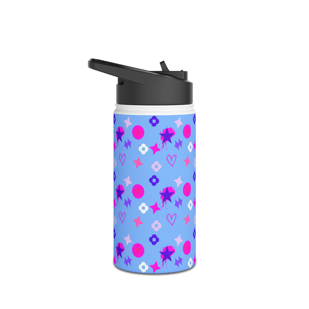 Stainless Water Bottle —Black & Pink Star, Heart & Flower Pattern