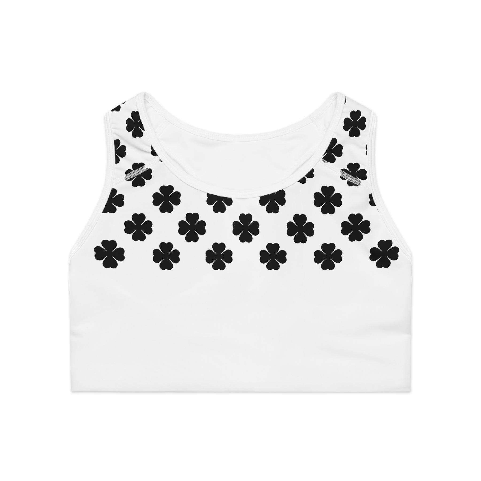 Black Clover Pattern Sports Bra — Minimal Floral Athletic Crop Top