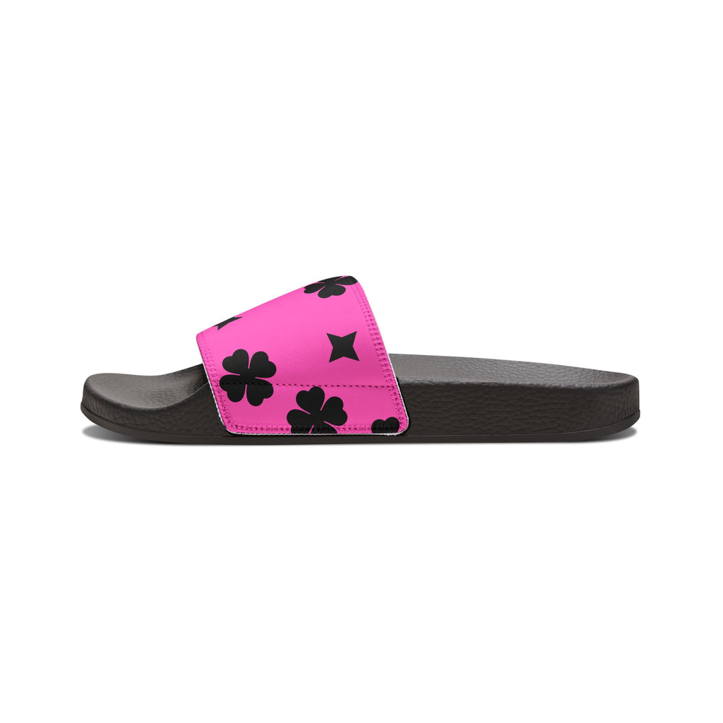 Women Slide Sandals — Black Clover & Removable- Pink Striped Strap Slides