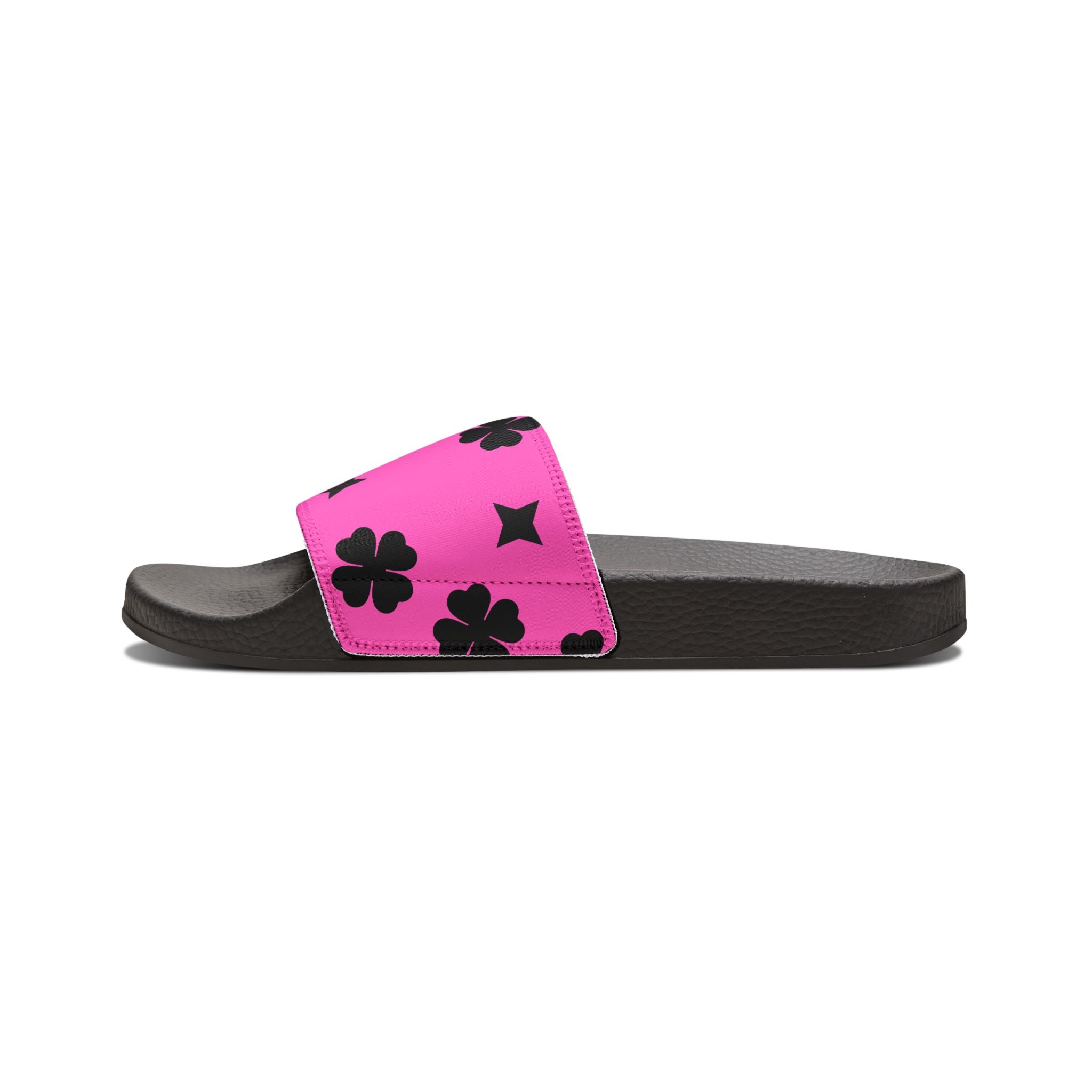 Women Slide Sandals — Black Clover & Removable- Pink Striped Strap Slides