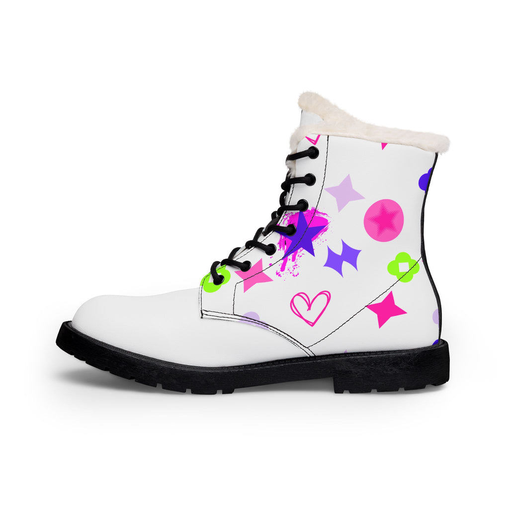 Fur-Lined Leather Boots — White Star & Heart Print Women's Winter Boots