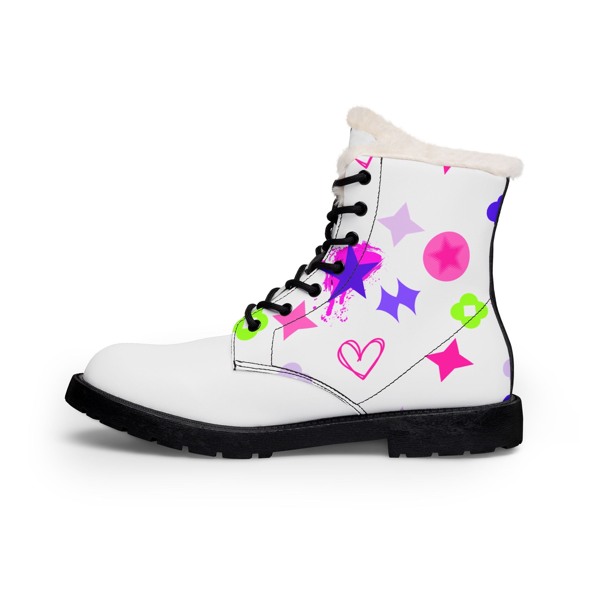 Fur-Lined Leather Boots — White Star & Heart Print Women's Winter Boots