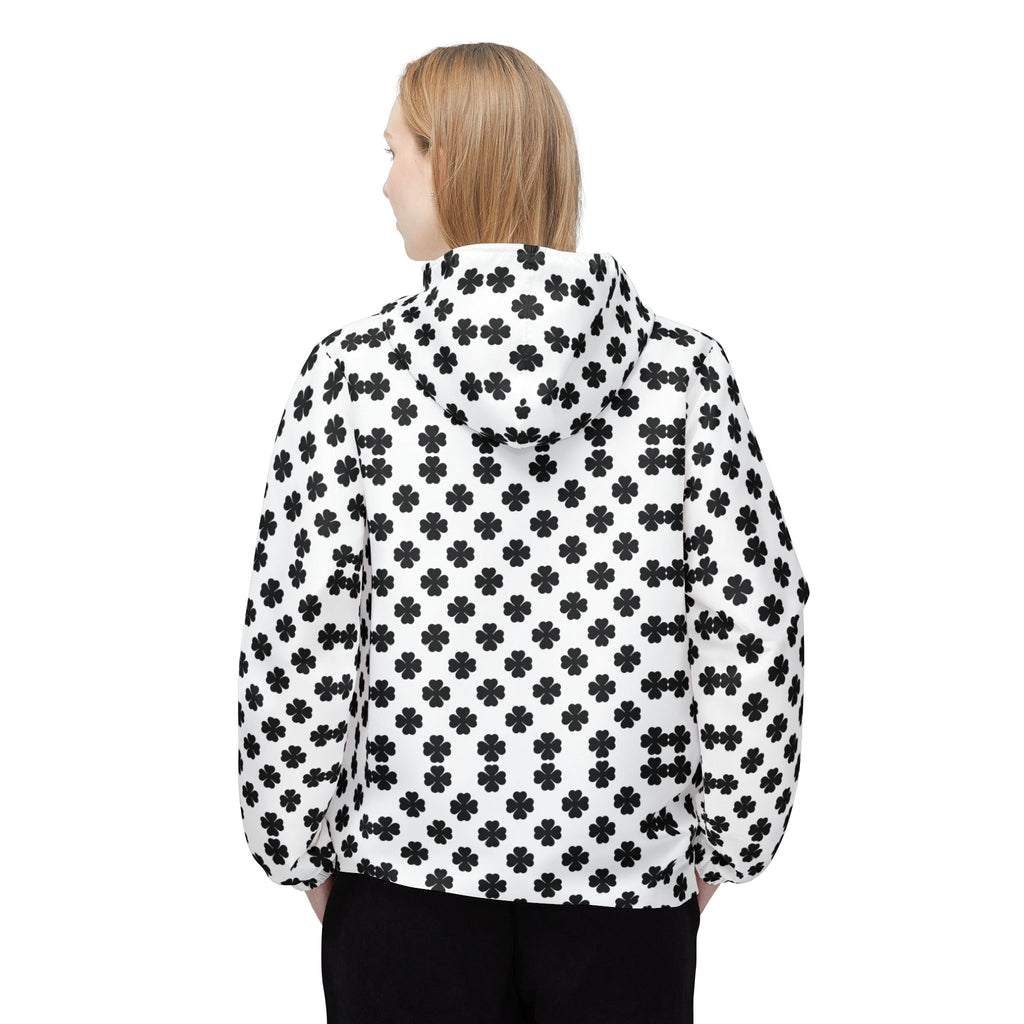 Black & White Clover Pattern Windbreaker Jacket — Hooded