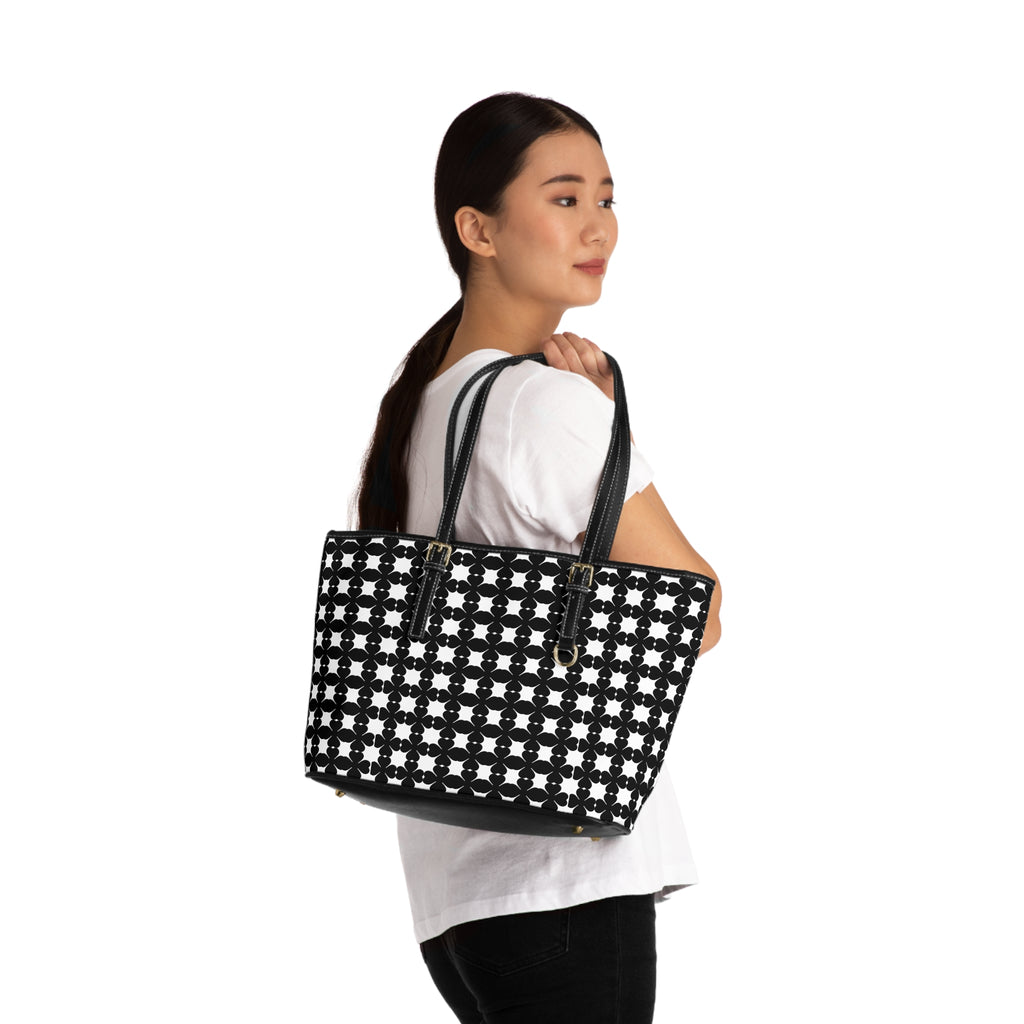 Black & White Geometric PU Leather Shoulder Bag — Floral Tile Pattern Tote
