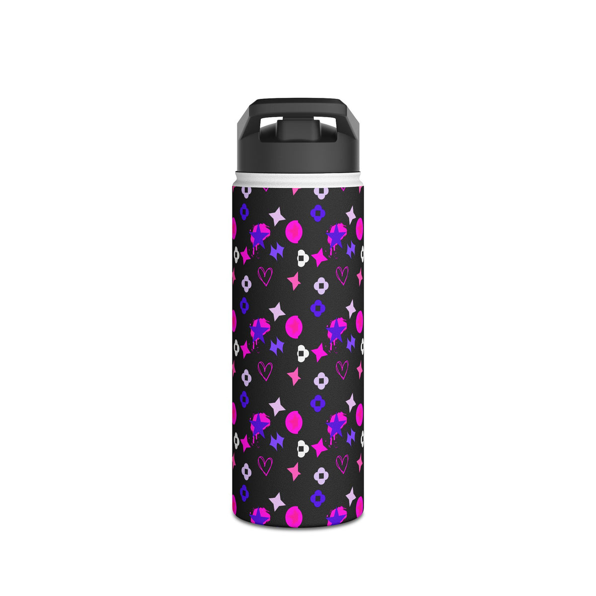 Stainless Water Bottle —Black & Pink Star, Heart & Flower Pattern