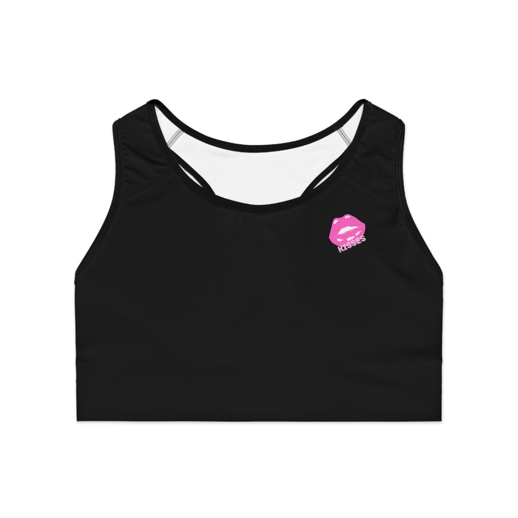 Kiss Me Pink Lip Print Sports Bra — Black Racerback Activewear