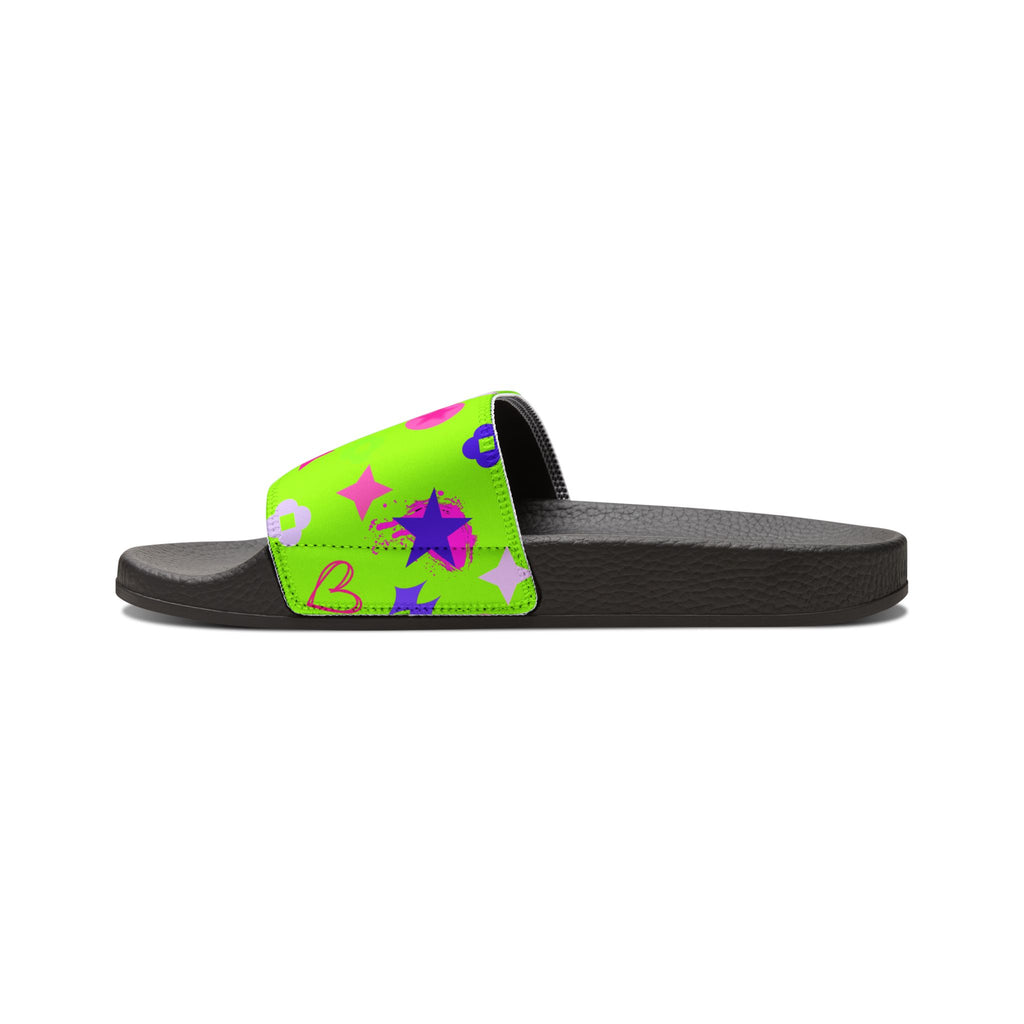 Women Slide Sandals —   Removable- Lime Green Striped Strap Slides