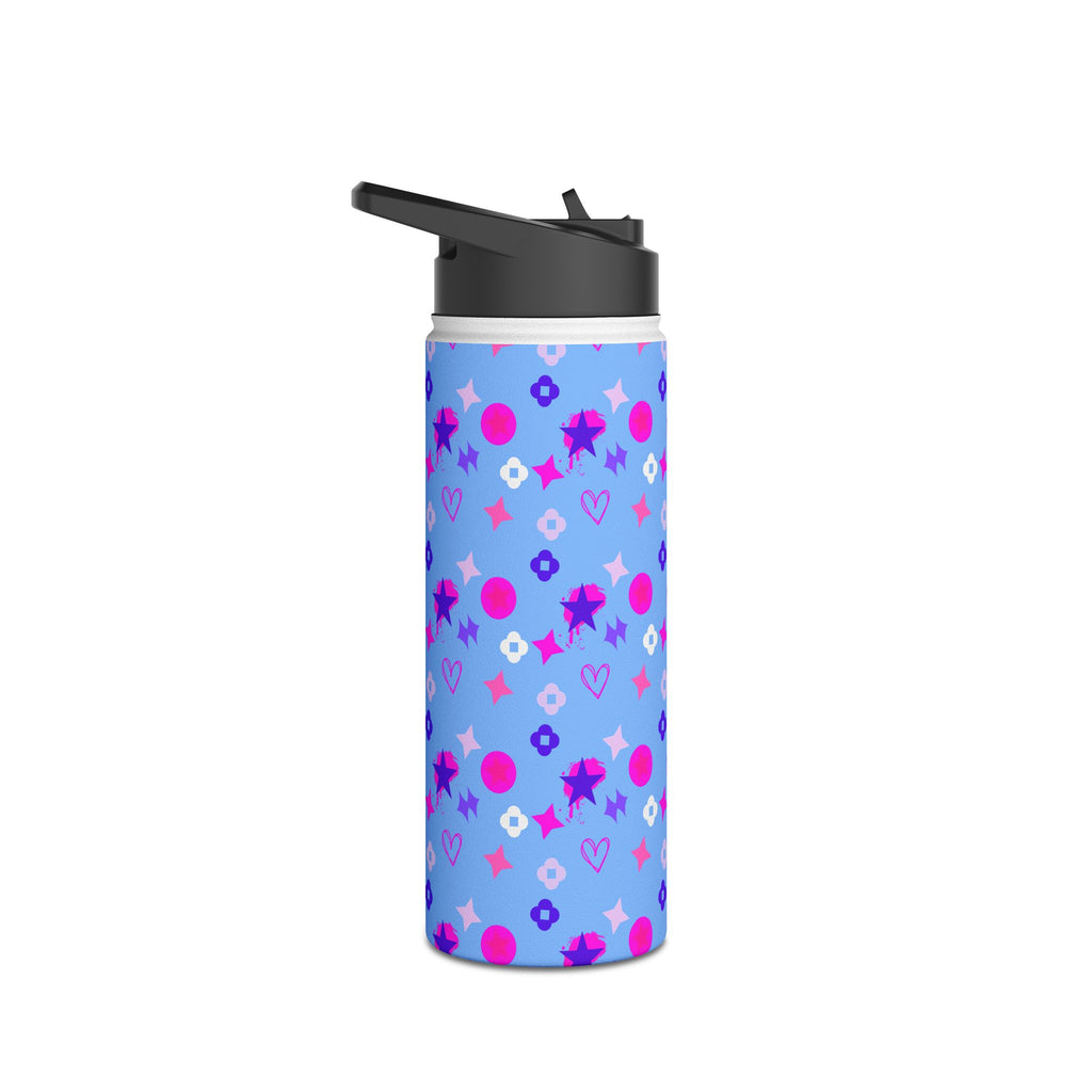 Stainless Water Bottle —Black & Pink Star, Heart & Flower Pattern