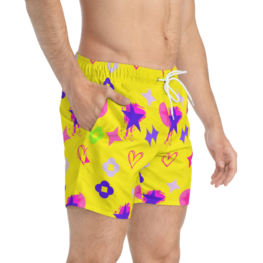 Swim Trunks — Orange Stars & Hearts All-Over Print