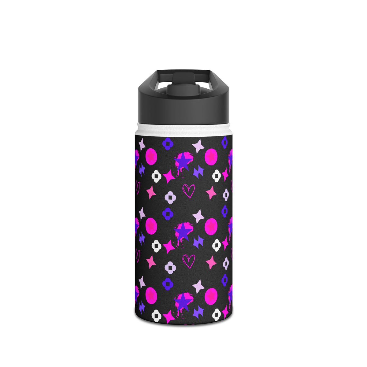 Stainless Water Bottle —Black & Pink Star, Heart & Flower Pattern