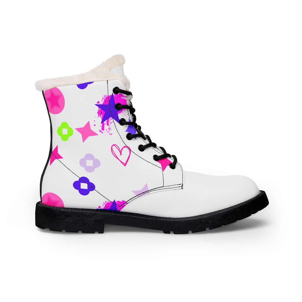 Fur-Lined Leather Boots — White Star & Heart Print Women's Winter Boots