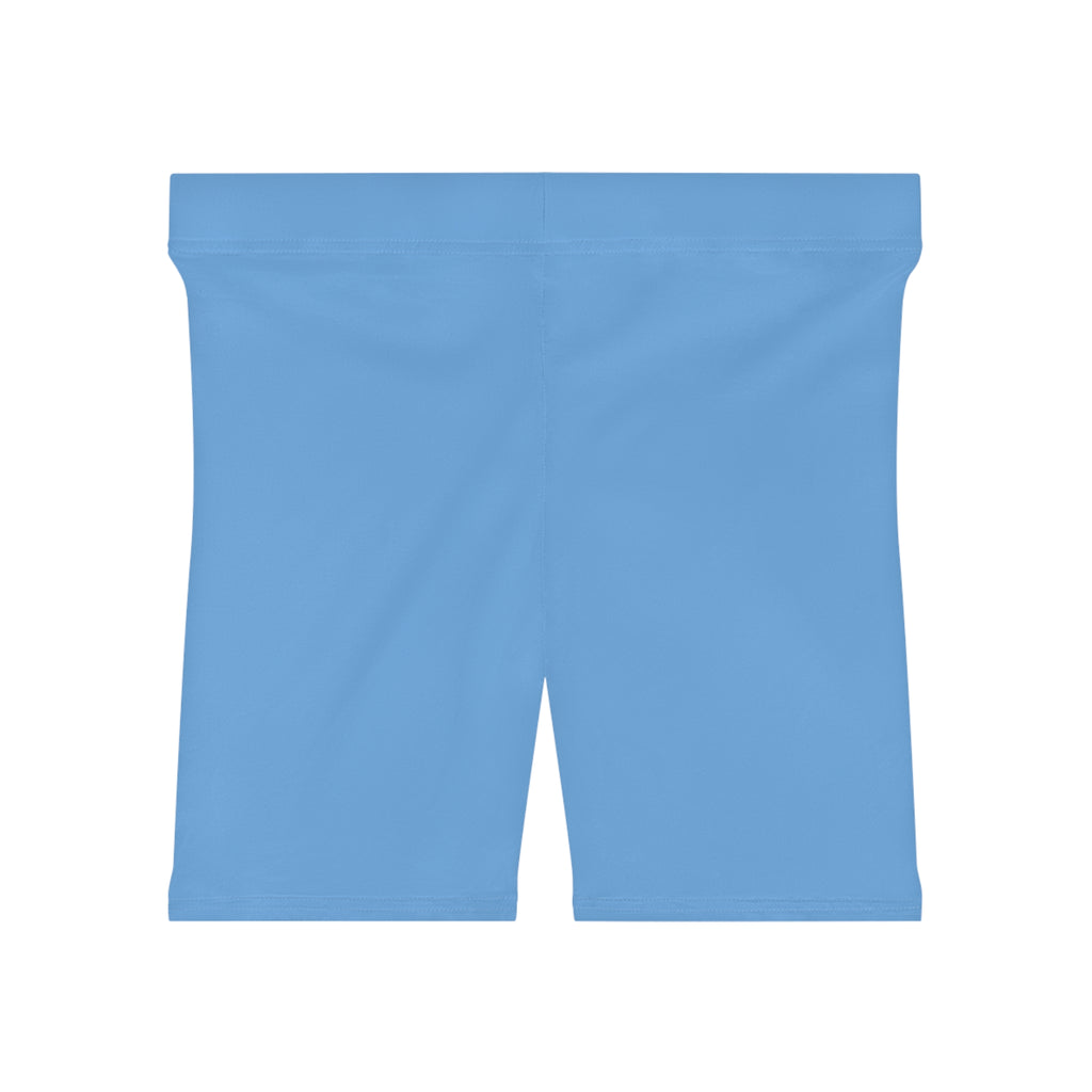 Women's Light Blue Shorts with Pink Kiss Logo — Stretchy Athleisure Cycling Shorts Pink