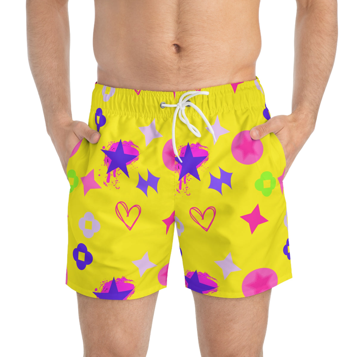 Swim Trunks — Orange Stars & Hearts All-Over Print