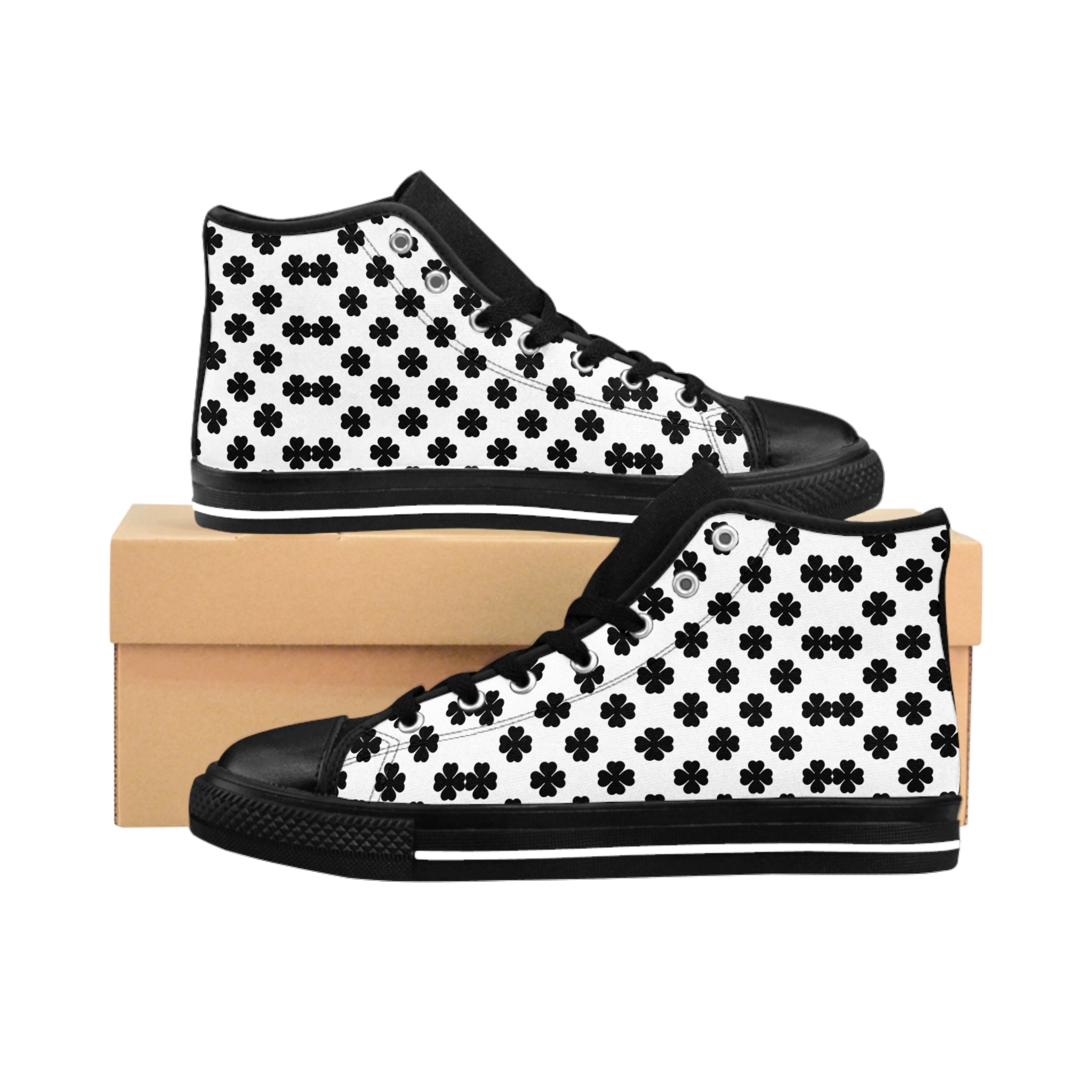 Women's Classic Sneakers — Black & White Clover Pattern High-Top  Shoes