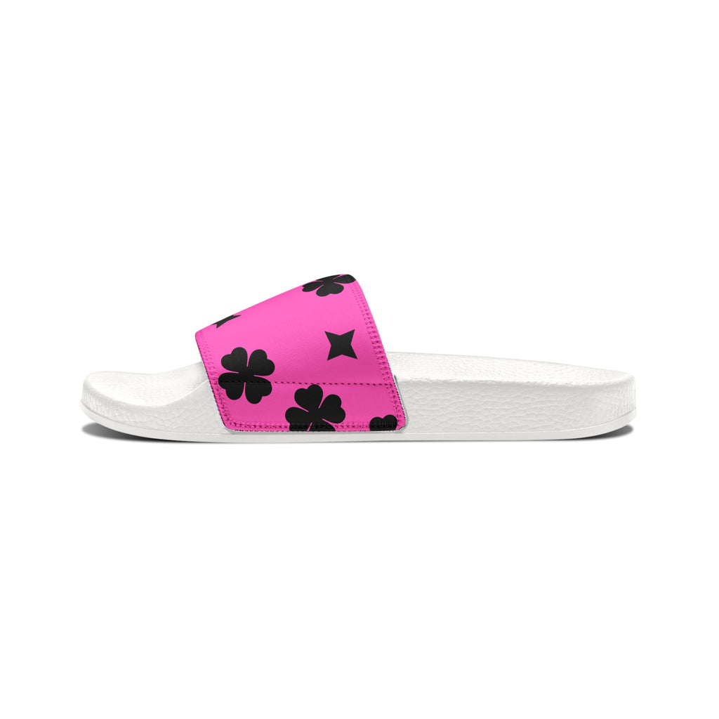 Women Slide Sandals — Black Clover & Removable- Pink Striped Strap Slides